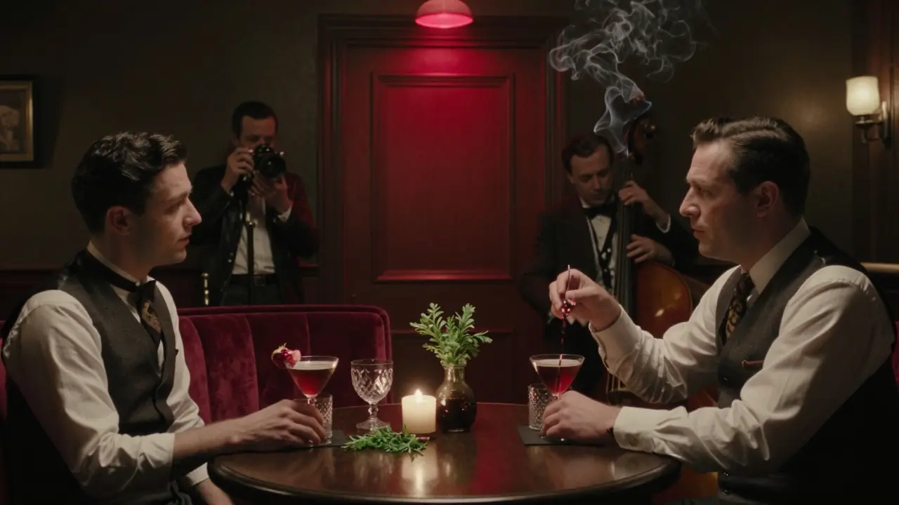 Dim speakeasy bar with velvet booths, bartenders mixing cocktails, a photographer and musician talking in soft candlelight.