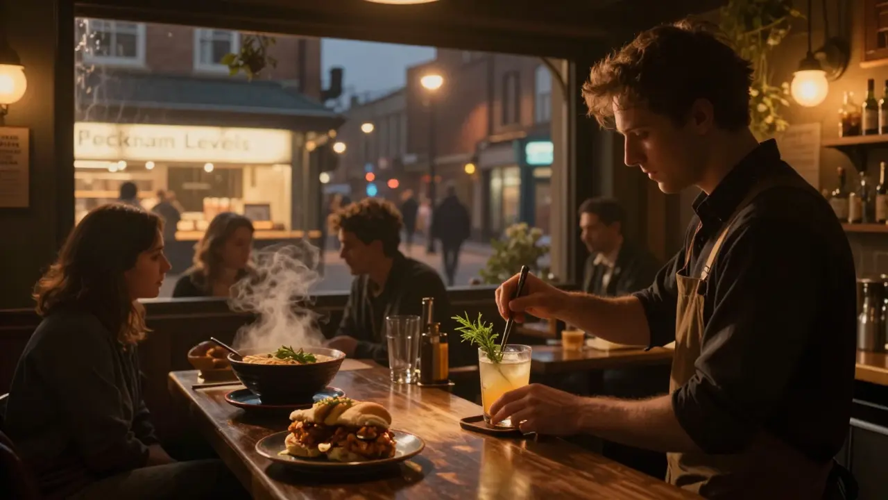 Dim underground bar in Peckham with bartender making unique cocktails, food hall glowing in the background.