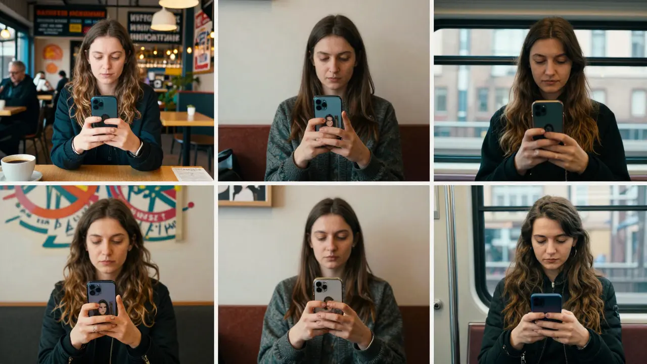 Diverse international women in everyday settings, each using a smartphone with discreet escort profile images.