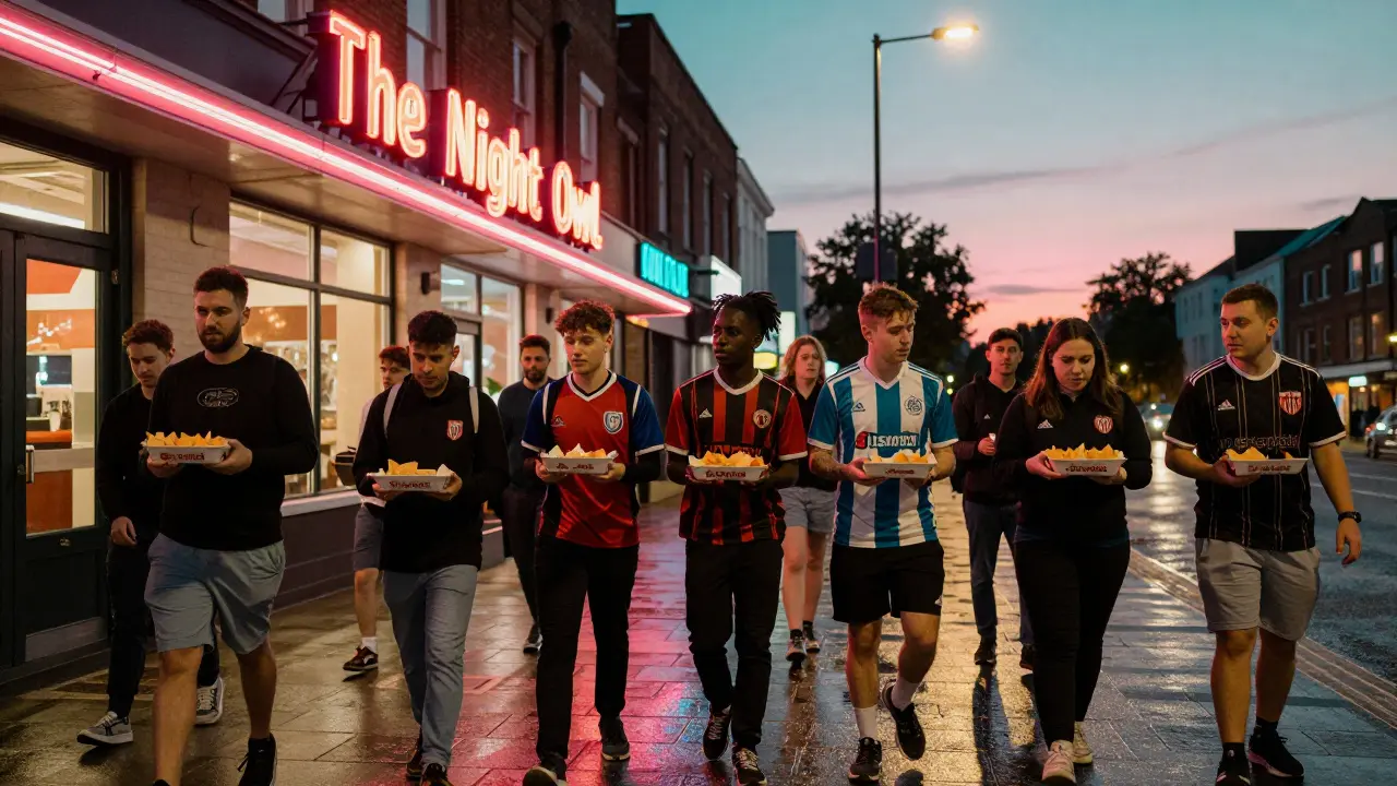 Fans walking at night after a match, holding chips and curry sauce, neon diner sign glowing in the distance.