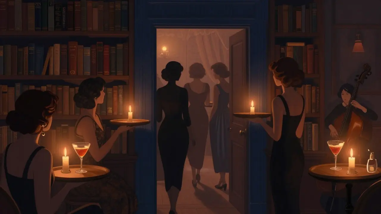 Group of friends discovering a hidden speakeasy behind a bookshelf, illuminated by candlelight in a dim Parisian bar.