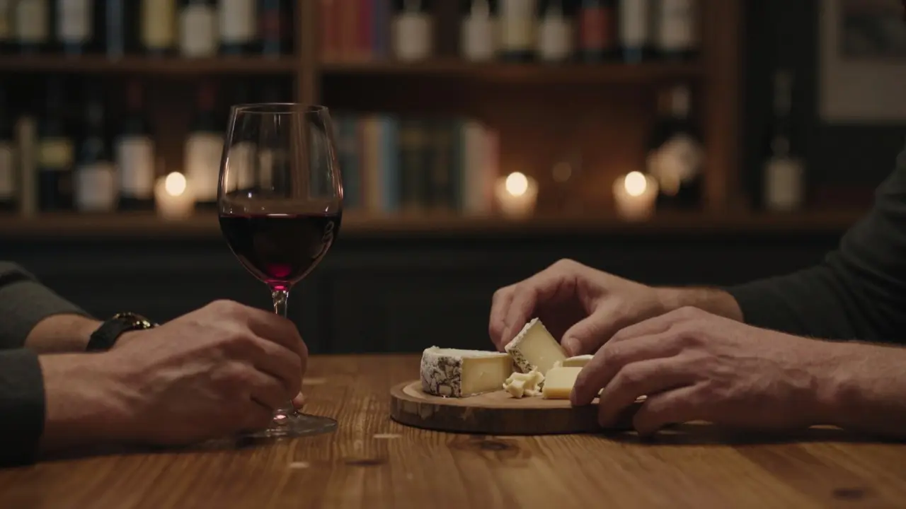 Hands resting on a wooden table with wine and cheese in a dim London wine bar, no faces shown.