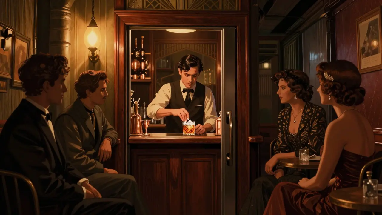 Hidden speakeasy bar behind a fridge door, dimly lit with a bartender crafting a cocktail in vintage style.