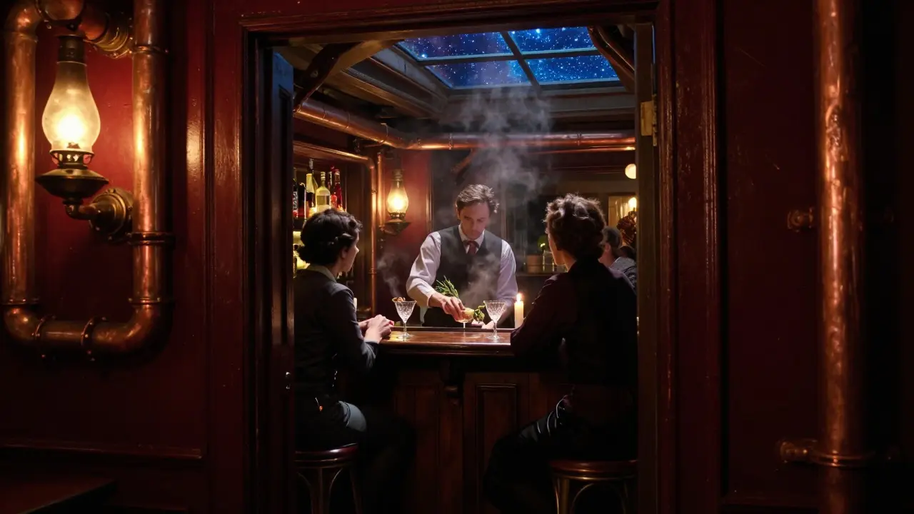 Hidden speakeasy with copper pipes and oil lamps, bartender crafting cocktails in a mystical, smoke-filled room.