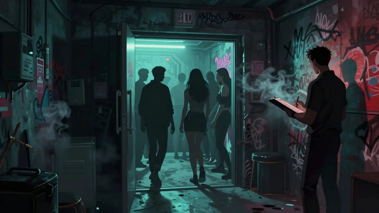 Hidden underground club entrance behind a fridge door in a dim warehouse, neon glow and smoke.