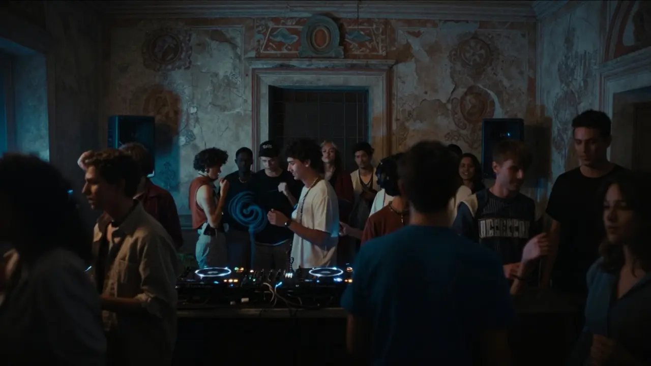 Interior of Alcatraz club with crowd moving to music in a historic convent with faded walls.