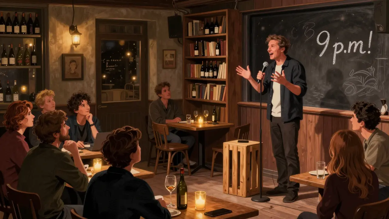 Intimate comedy night in a wine bar with a single mic and silent, captivated patrons.