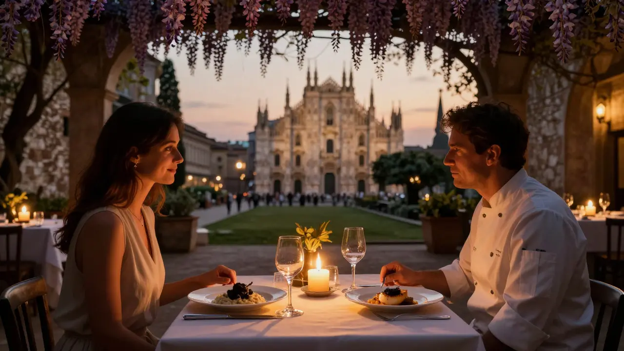 Intimate dinner under wisteria blossoms in a hidden Milan courtyard, lit by candlelight.