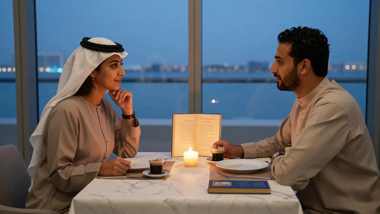 Intimate dinner with Arabic coffee set and Emirati poetry book under candlelight.