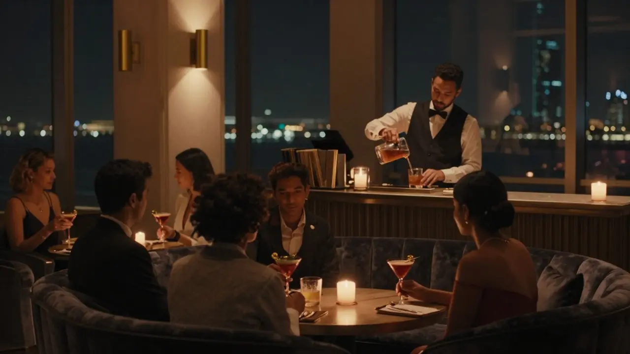 Intimate lounge scene with patrons sipping cocktails in dim, elegant lighting at St. Regis Abu Dhabi.