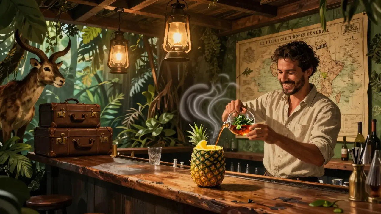 Jungle-themed bar with vintage decor, lanterns, and tropical cocktails