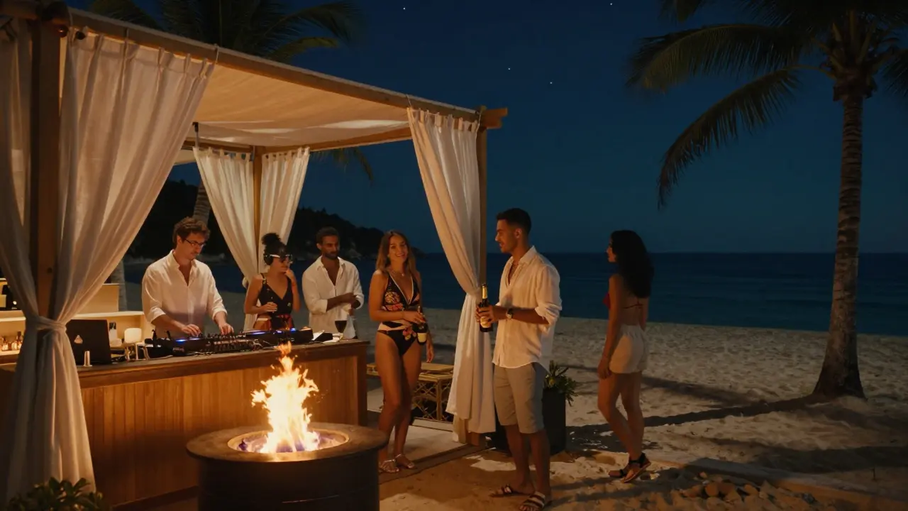 Le Club 55 beach club after dark, fire pits and linen drapes under stars, guests enjoying quiet nightlife by the sea.