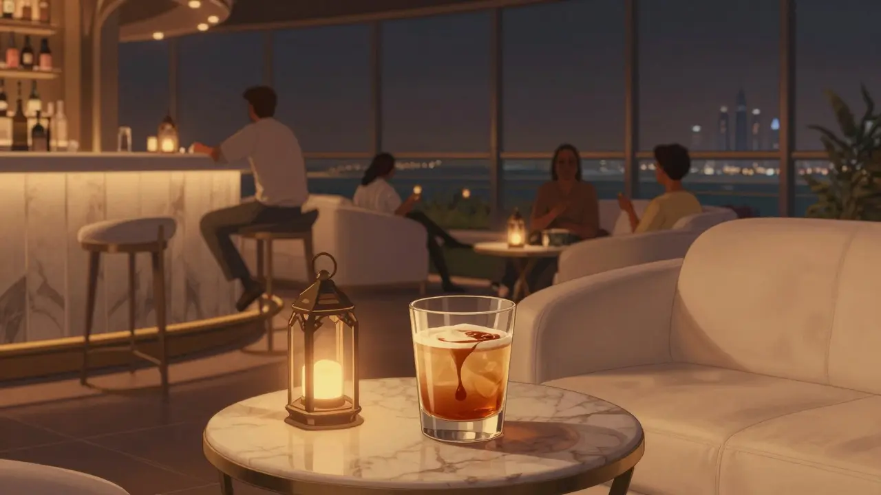 Luxurious quiet lounge with leather sofas and marble bar, city lights in background.