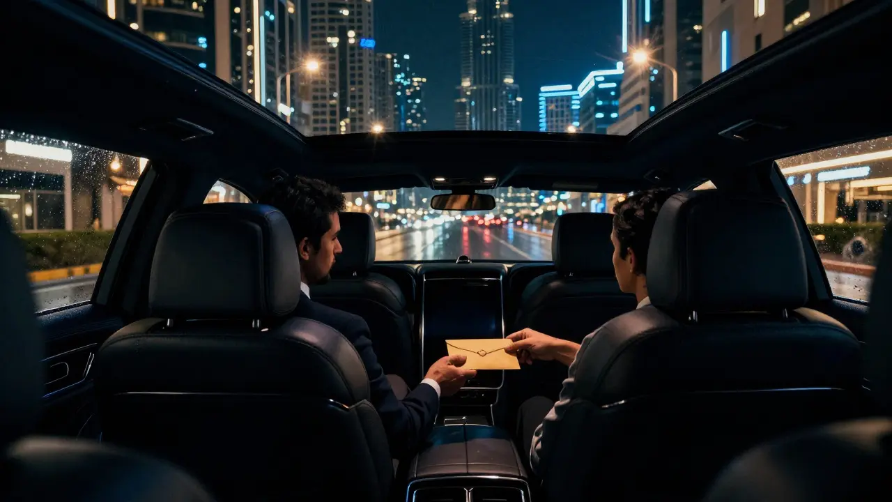 Luxury car in Dubai rain at night, two silhouettes exchanging an envelope in back seat.