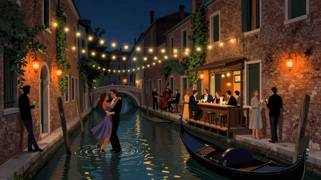 Navigli canal at night with string lights, couples dancing, and live jazz under glowing lanterns.