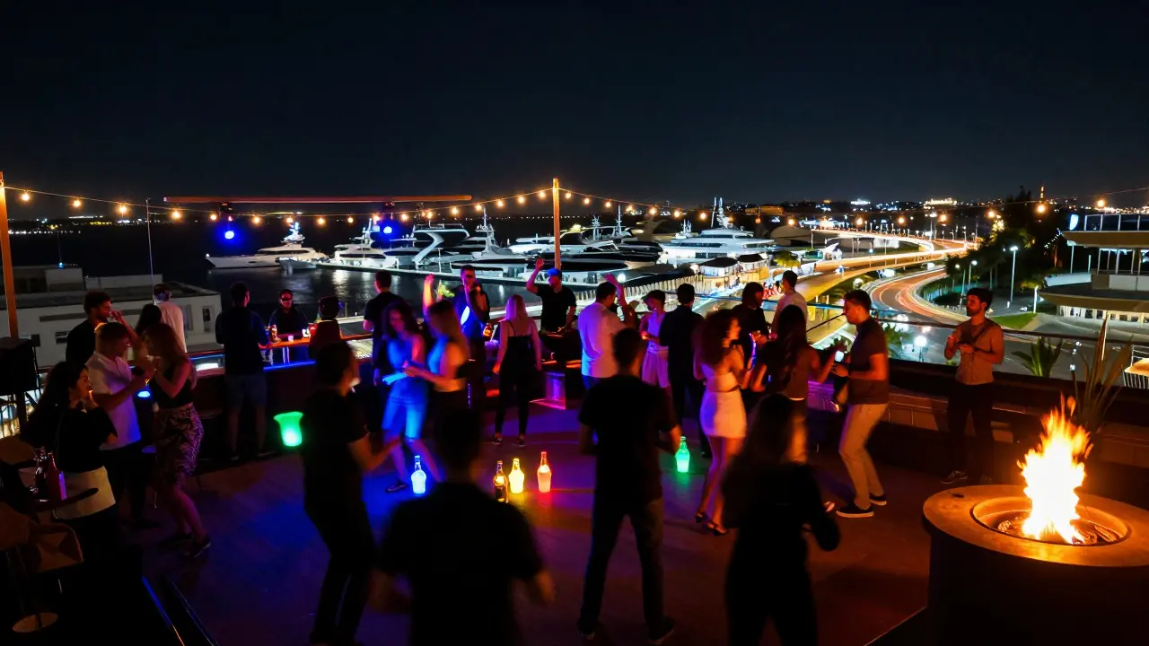 Neon-lit rooftop party with dancing guests and glowing bottles above marina.