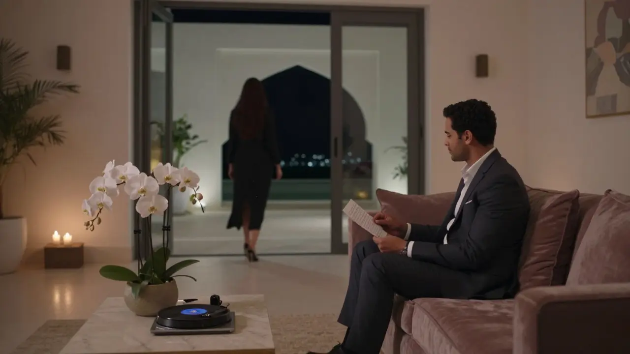 Private villa at night with candlelight, orchids, and man holding a note as woman leaves.