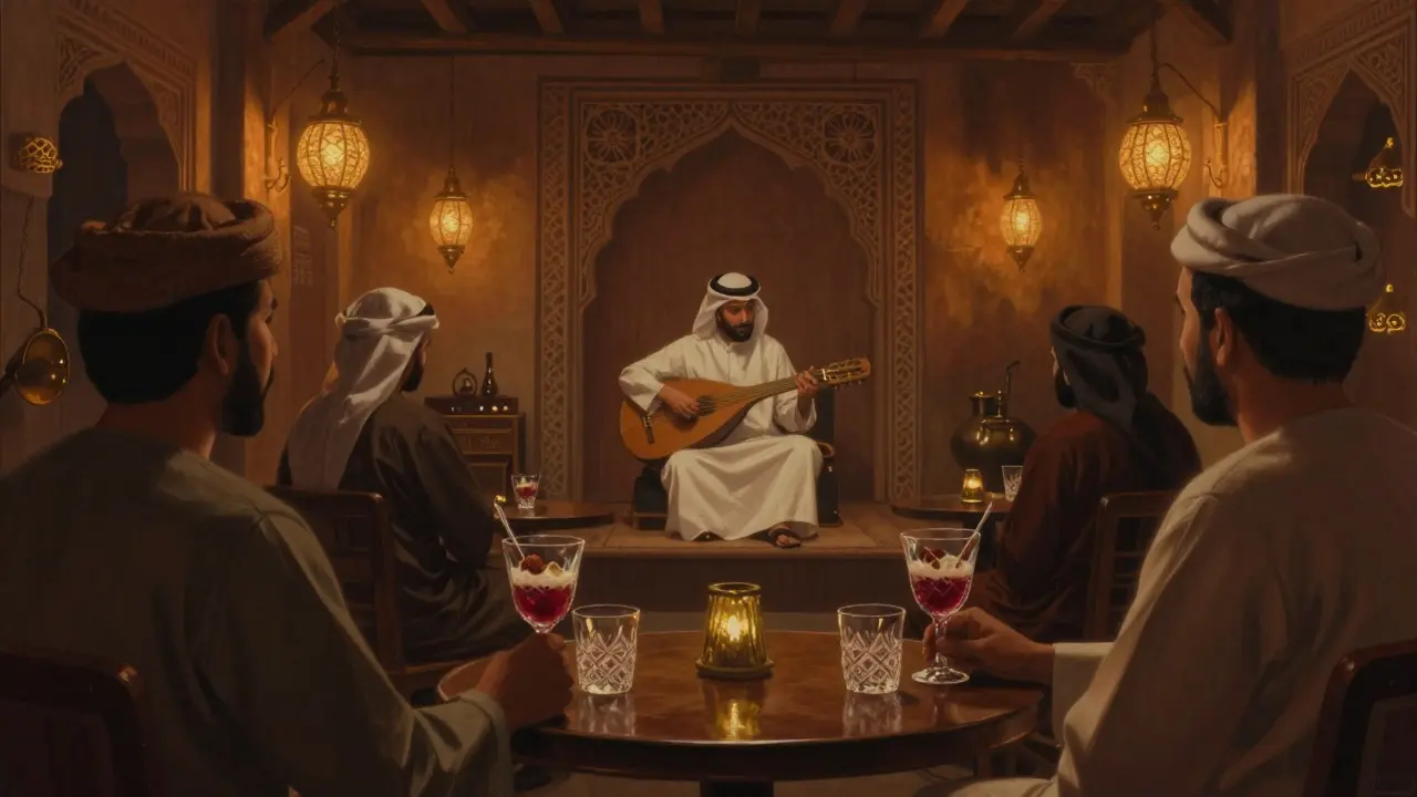 Quiet Al Huda bar with live oud music, date cocktails, and traditional Emirati decor in warm amber light.