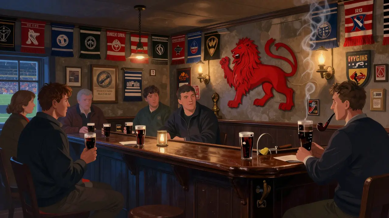 Quiet rugby fans in an old pub during a match, scarves on walls, dim lighting, solemn atmosphere with stout glasses.