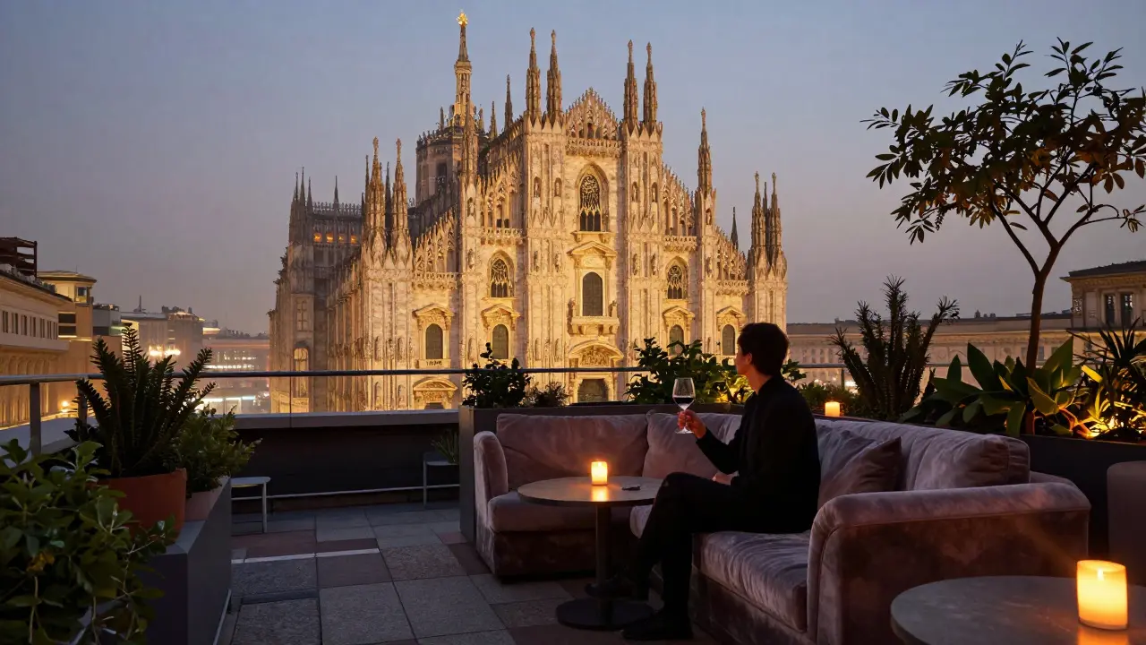 Rooftop garden at sunrise overlooking the Duomo, one person sitting quietly with a glass of wine.