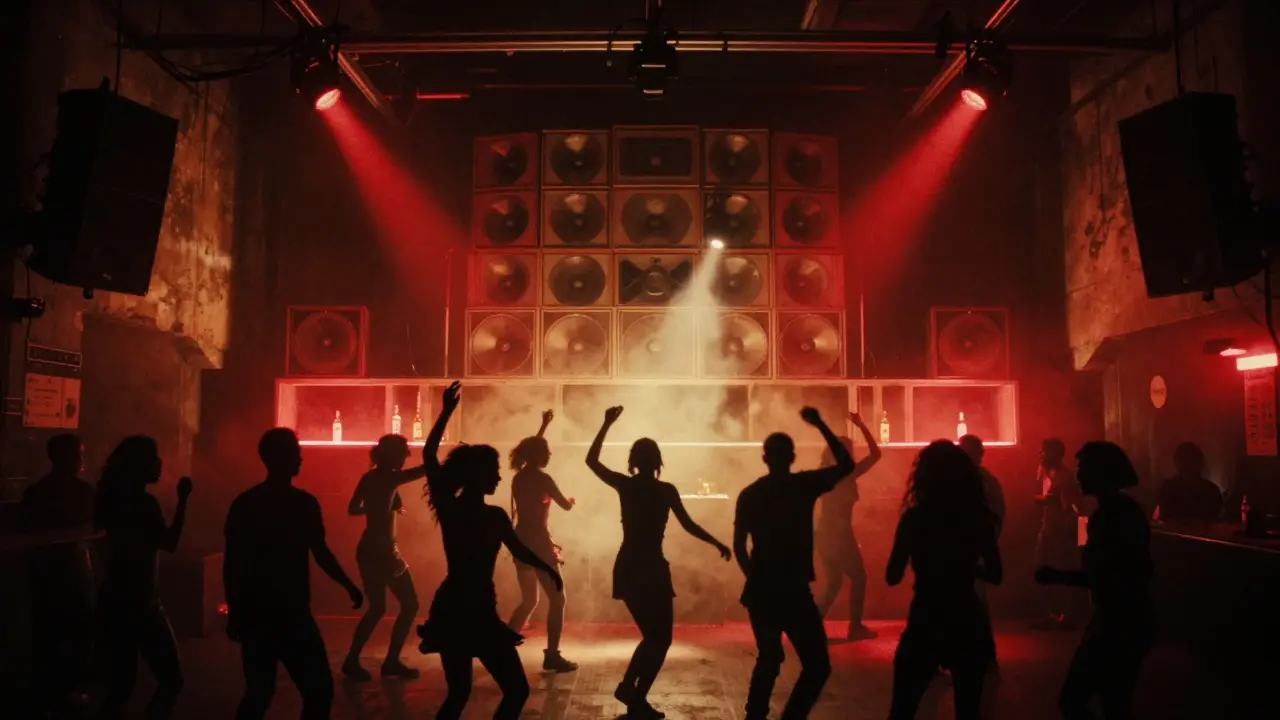 Silhouetted dancers on a dimly lit basement floor at Fabric nightclub.