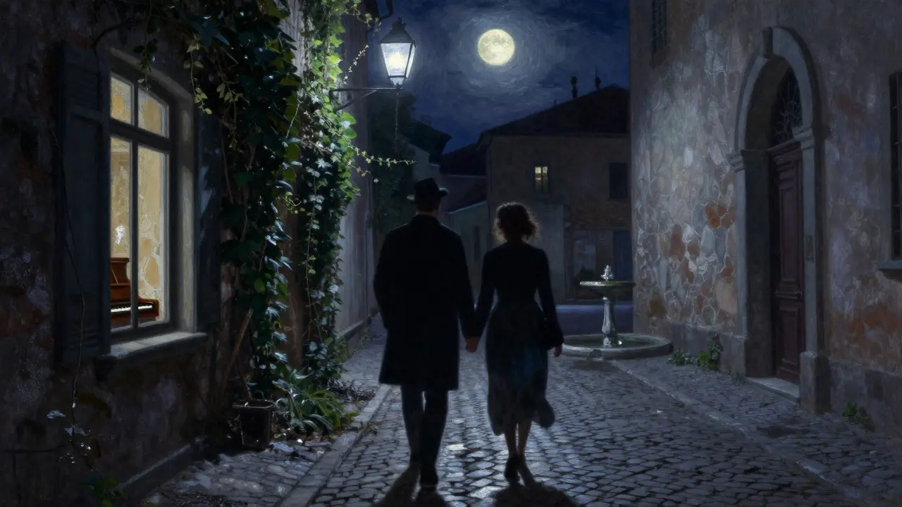 Silhouettes of two people walking hand-in-hand through the moonlit, ivy-covered streets of Brera at night.