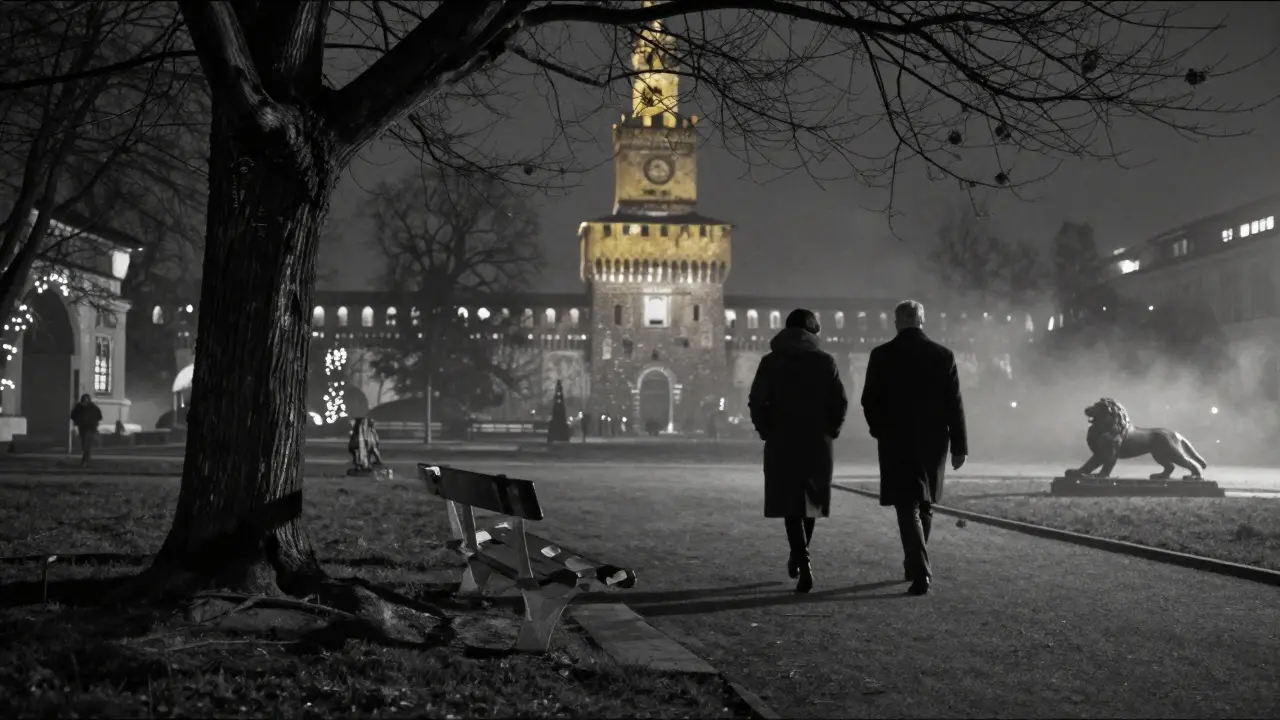 Silhouettes walk through Parco Sempione at midnight, the castle glowing softly behind them under a misty sky.