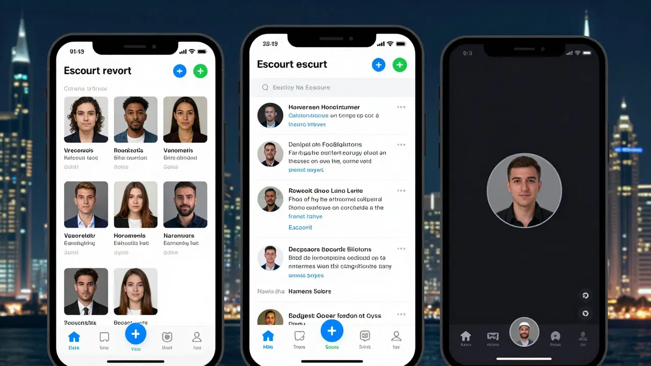 Smartphone screen displaying verified escort profiles with forum testimonials and video call indicators, set against a Dubai night skyline.