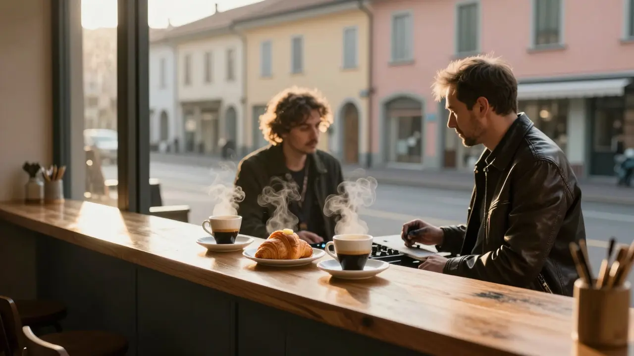Sunrise at a cozy café with coffee and pastries, quiet morning light streaming through windows.