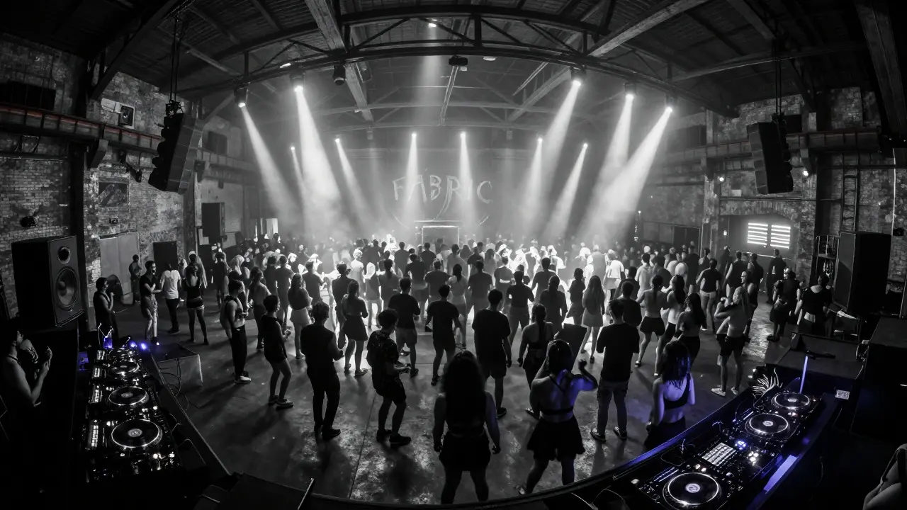 Thousands dancing in a massive warehouse club under precise spotlights, sound vibrations shaking the floor at midnight.