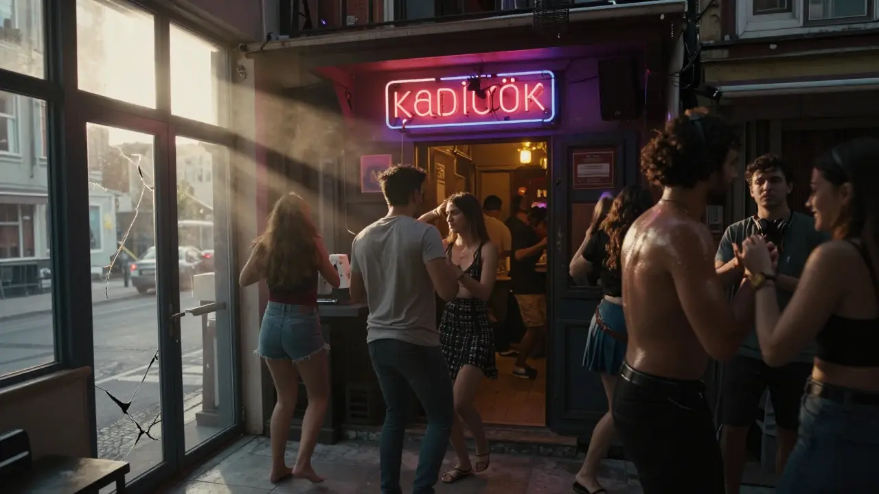 Tiny basement club at dawn, neon sign flickering, crowd dancing to music as morning light enters through high windows.