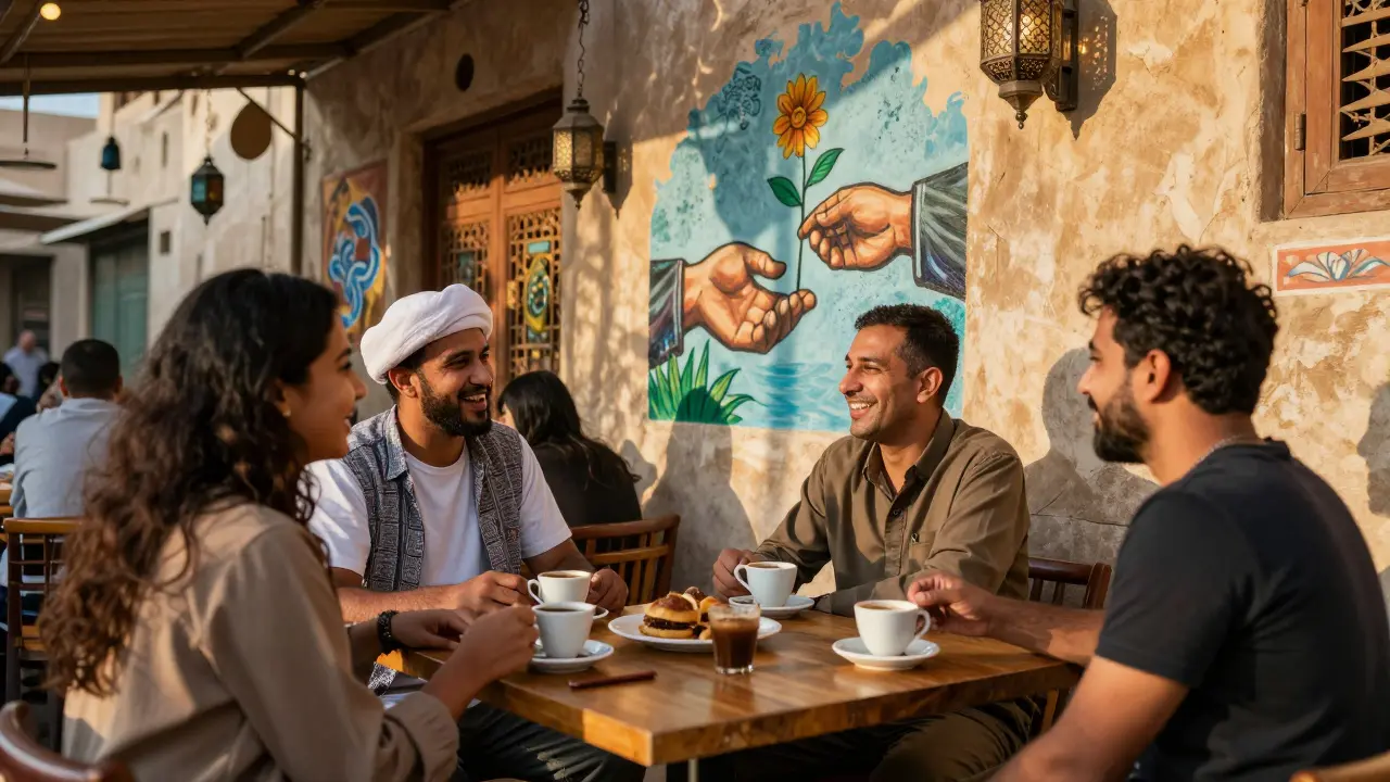 Travelers connect over coffee in a colorful Dubai arts district, sharing laughter and stories.