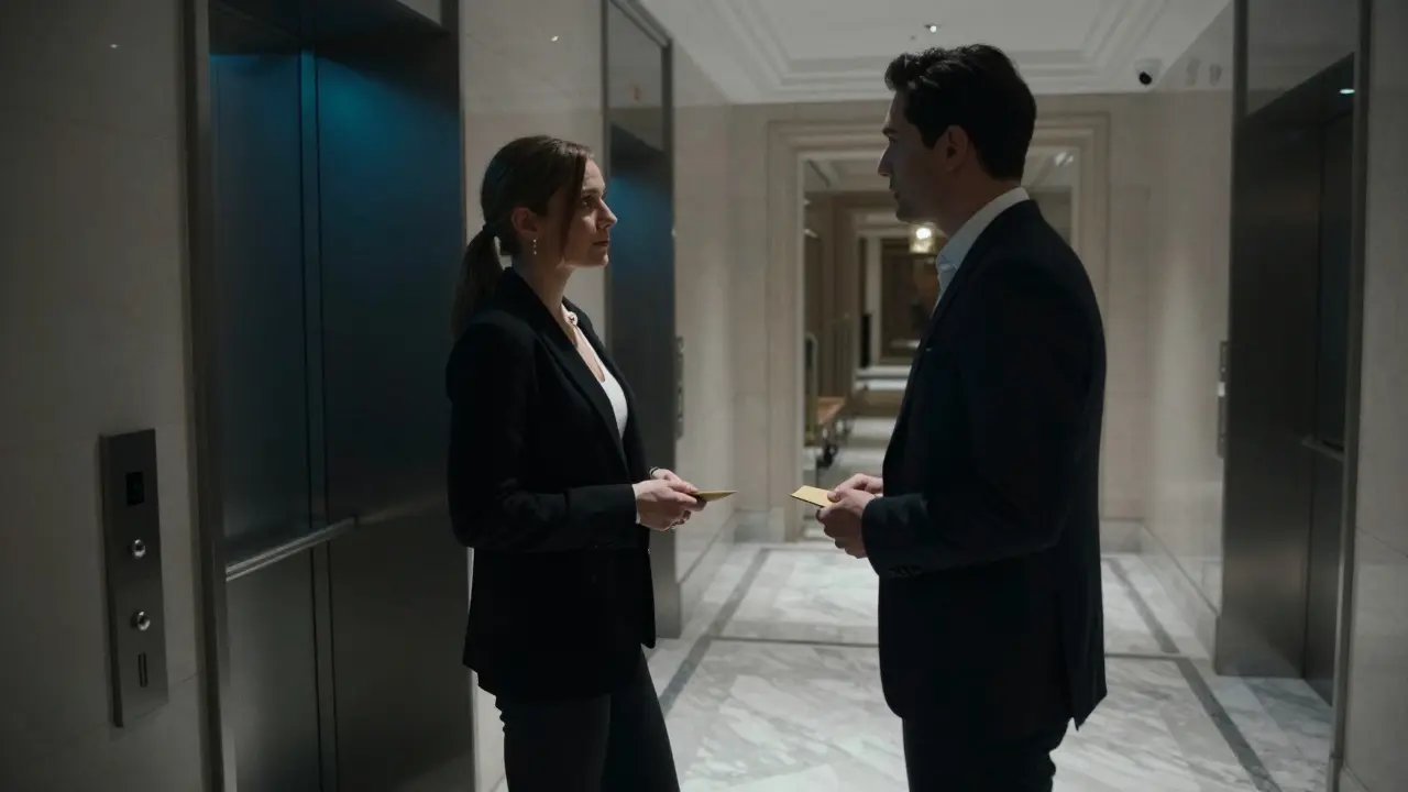 Two individuals in formal clothes exchanging a discreet gesture in a luxury hotel hallway under security cameras.