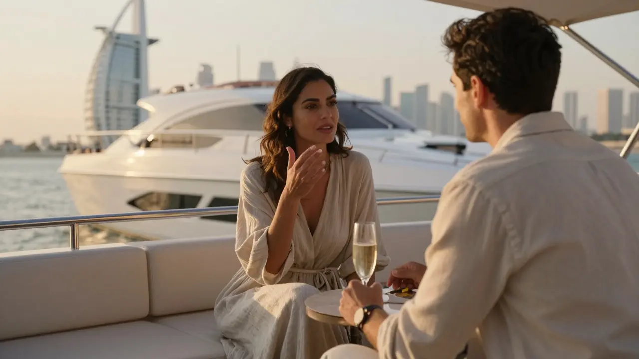 Two people on a private yacht at sunset, engaged in calm conversation near the Dubai coast.