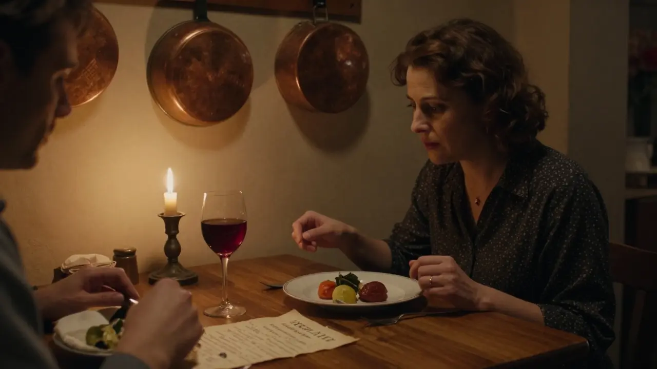 Two people share an intimate dinner in a historic Milanese trattoria, candlelight glinting off wine glasses.