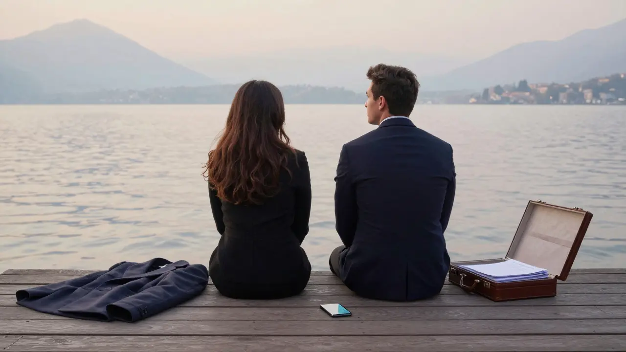 Two people sitting silently on a lakeside dock at dawn, morning mist softening the landscape.