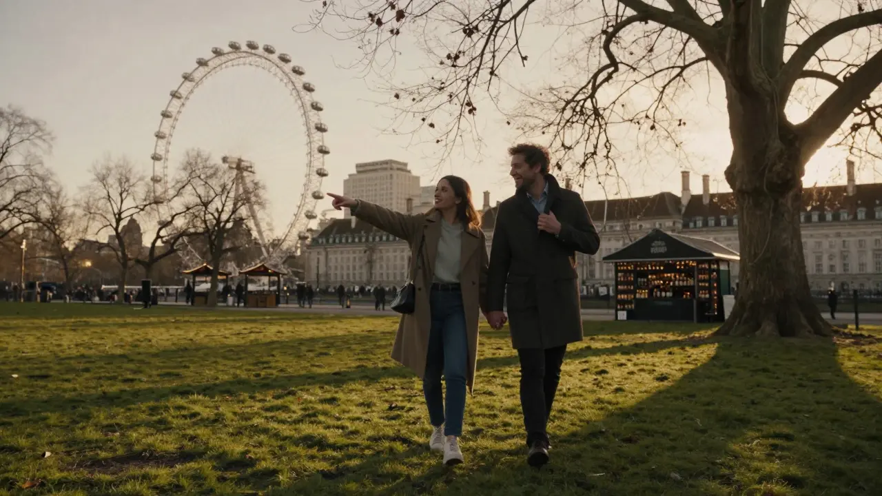 Two people walking together through Hyde Park at sunset, the London Eye in the distance.