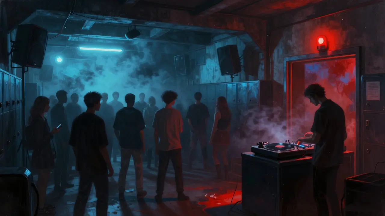 Underground club Magazzini Generali with pulsing lights, anonymous crowd, and red door glow in a smoky warehouse.