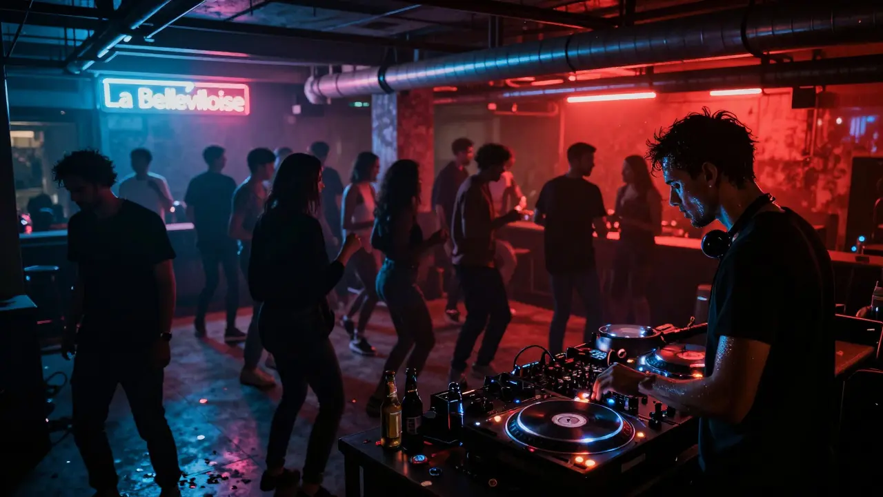 Underground club with neon lights and dancers under strobe effects