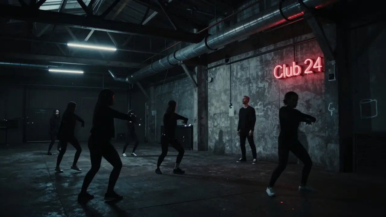 Underground techno club in Zona Tortona at dawn, dancers in black silhouettes under strobe lights.