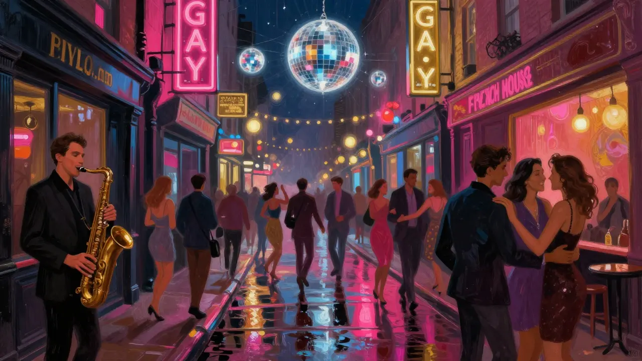 Vibrant Soho nightlife scene with neon signs, diverse crowds, and dancers under disco lights.