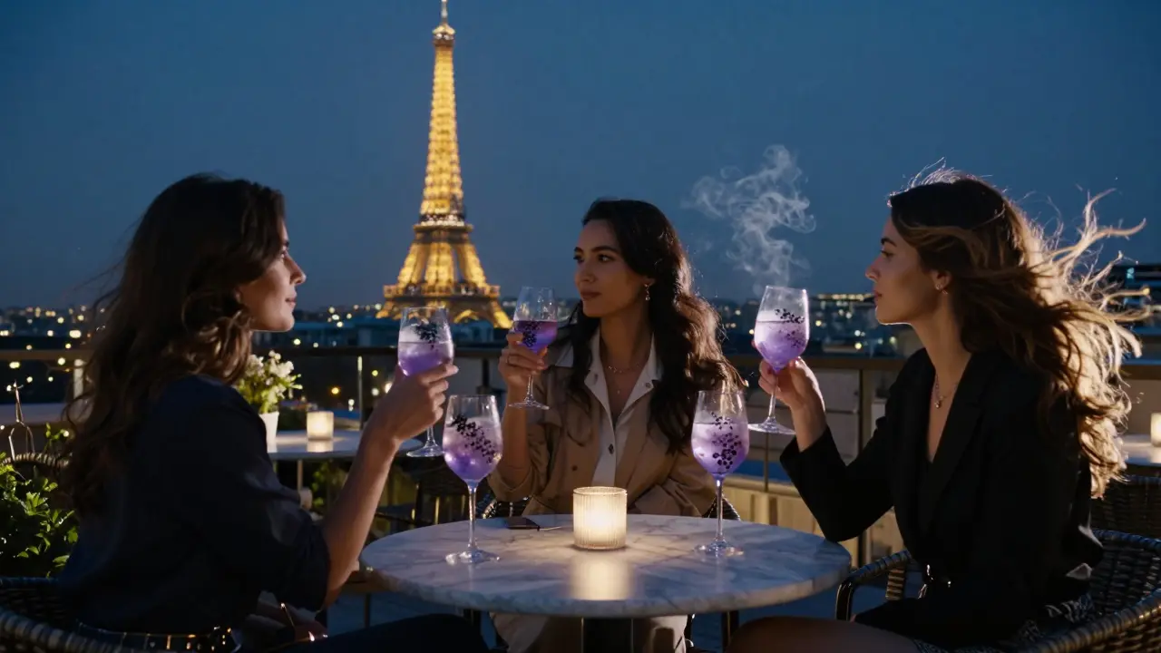 Women on a rooftop terrace in Montmartre, enjoying cocktails with the Eiffel Tower glowing in the night skyline.