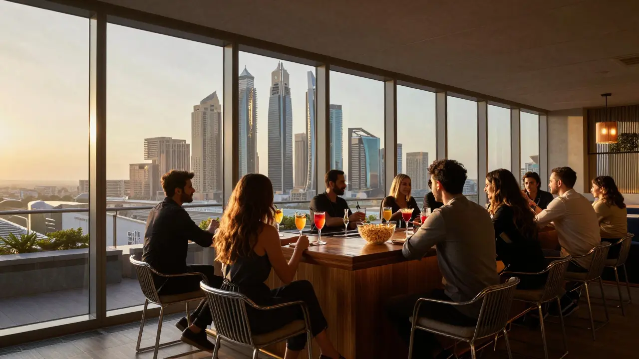 360 Bar rooftop with panoramic city views and guests sipping cocktails during golden hour