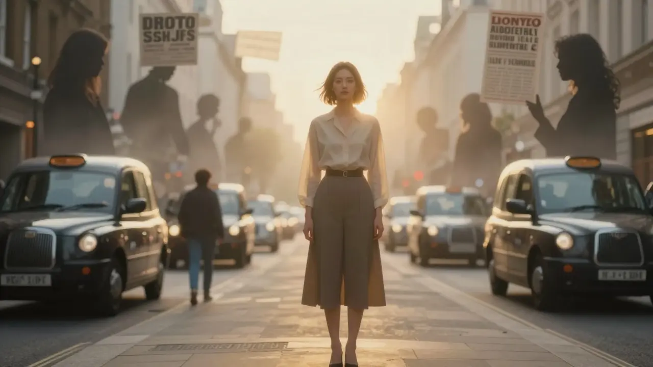 A calm woman stands centered in a blurred London street, glowing softly as societal shadows dissolve around her.