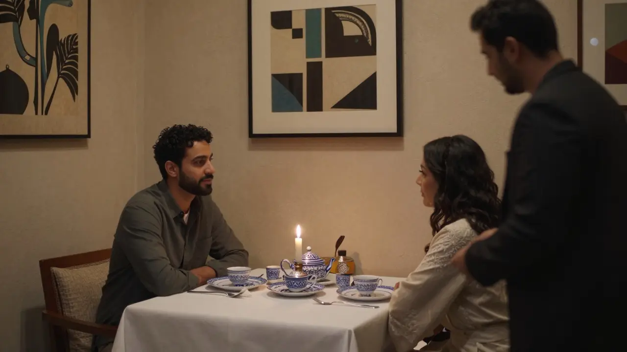 A candlelit private dinner in a hidden courtyard restaurant with Emirati art on the walls.