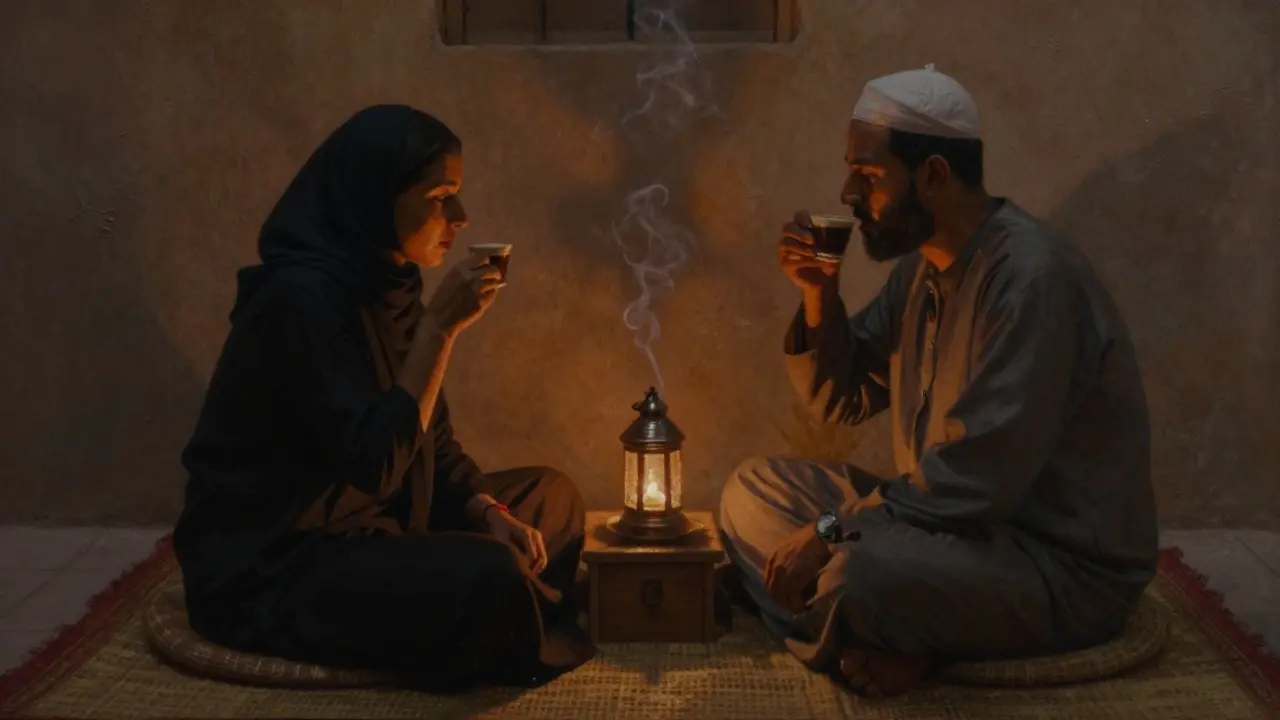 A couple seated on traditional mats in a dimly lit cultural space, sipping coffee under lantern glow.