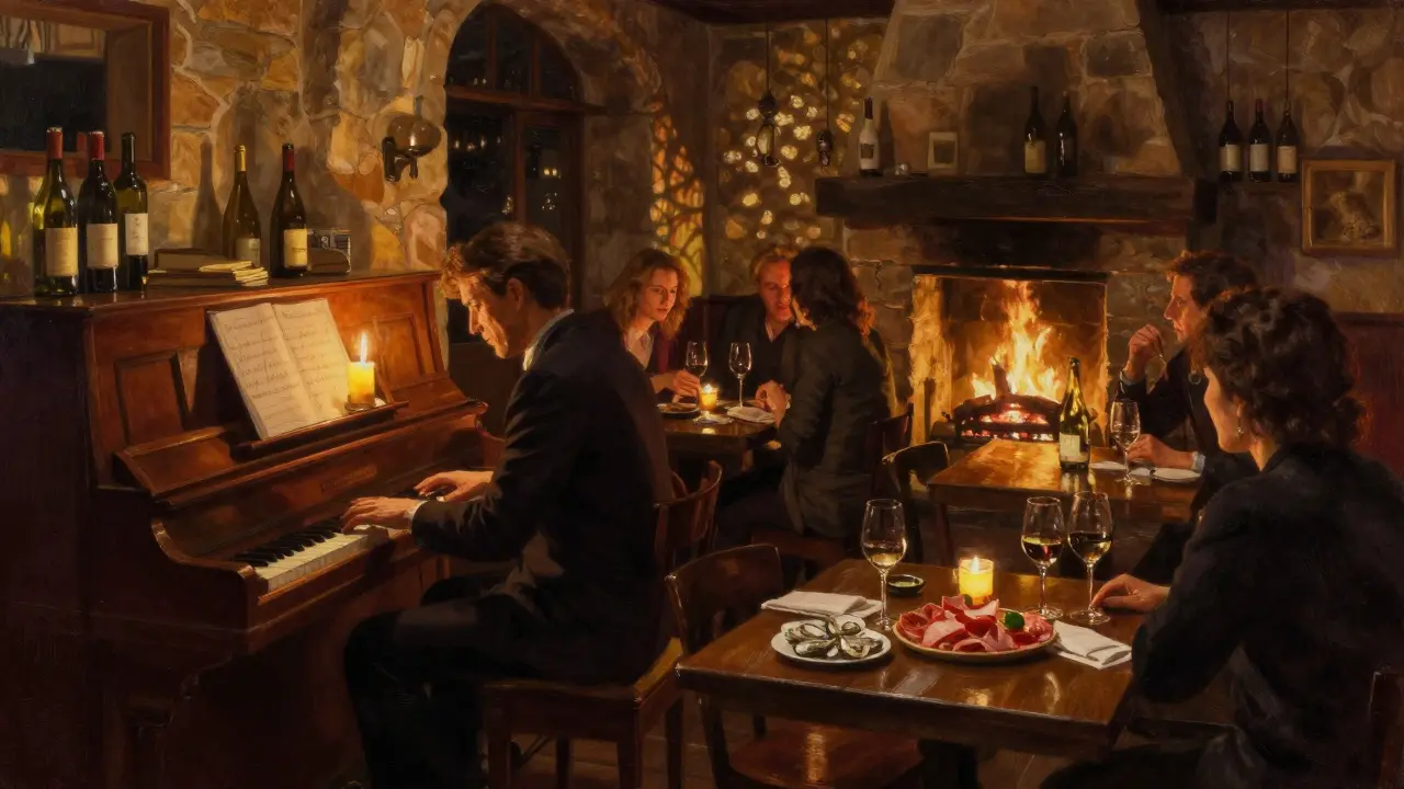 A cozy wine bar at night with a piano playing softly, candlelight, and patrons enjoying wine by the fireplace.