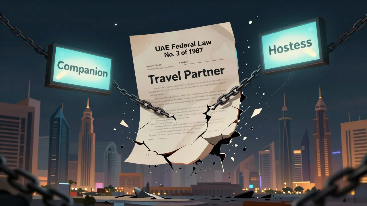 A cracked legal document floats above Abu Dhabi's skyline, breaking online ads labeled with deceptive terms.