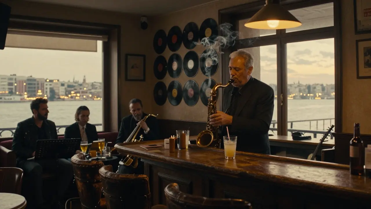 A dim jazz lounge in Beyoğlu with a saxophonist pouring drinks, vinyl records on the wall, and the Golden Horn glowing outside.
