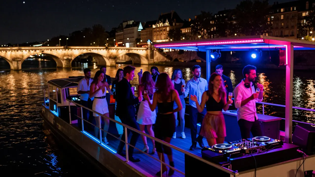 A floating nightclub with neon lights and dancers on deck, the Pont Neuf glowing in the background under night sky.